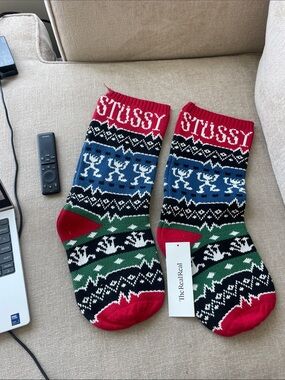 Stussy Red, Blue, Green Patterned Holiday Socks